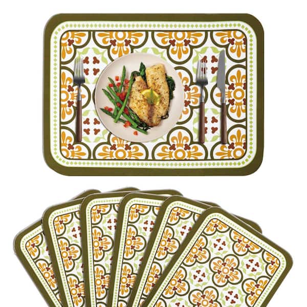 Jeedeson 17.7 in. x 11.8 in. Leather Heat Resistant Placemats for Indoor and Outdoor, Green Floral Design, Set of 6