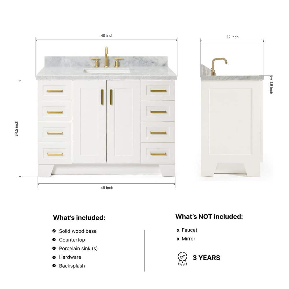 White Marble Top Freestanding Single Sink Vanity with Gold Hardware