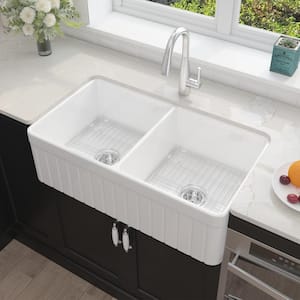 White Fireclay 33 in. Double Bowl Farmhouse Apron Kitchen Sink with Bottom Grid and Basket Strainer