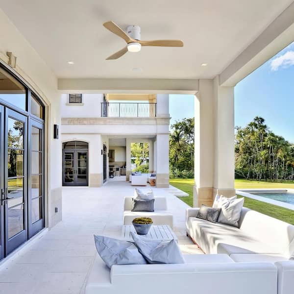 52 in. Indoor White Flush Mount Wood Ceiling Fan with Light, Adjustable White Integrated LED and Remote Included