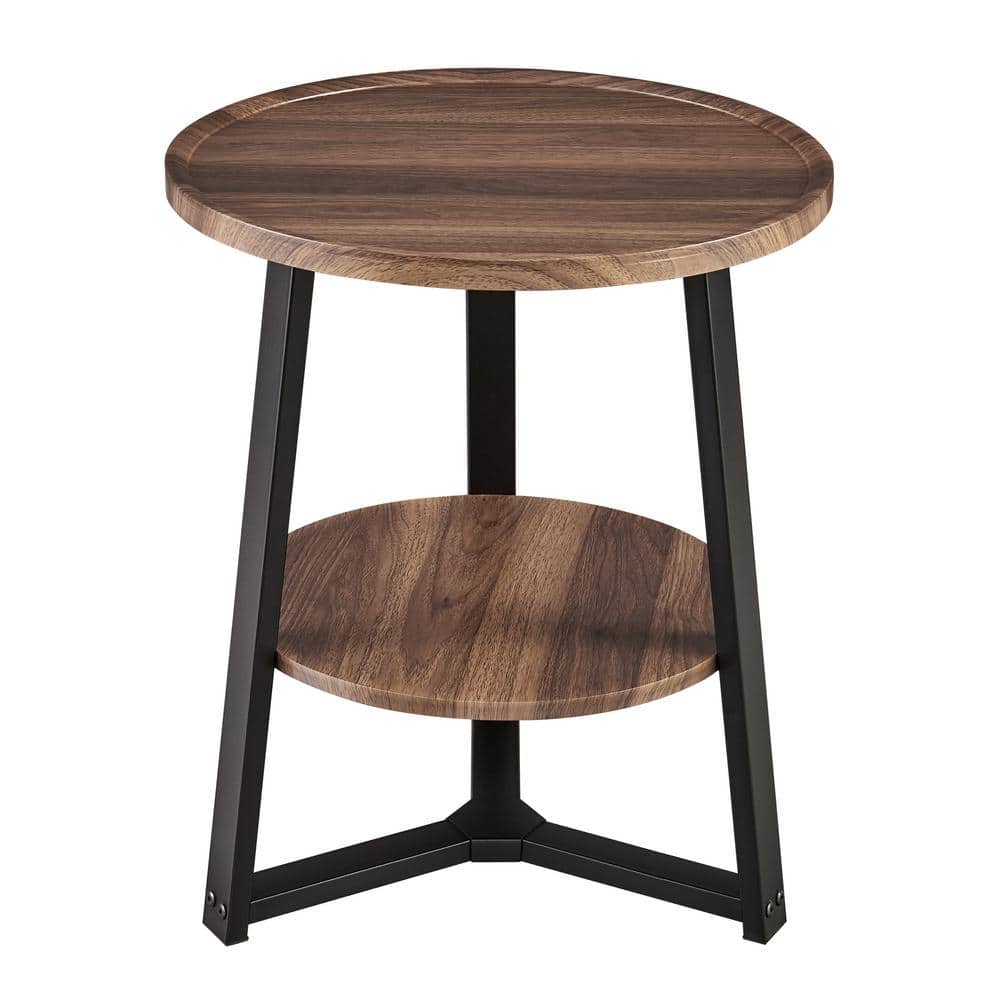 Walnut and Black Round Two-Tier Accent Table with Metal Legs