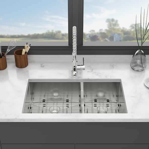 Unbranded 30 in. Undermount Double Bowl 16 Gauge Brushed Nickel Stainless Steel Kitchen Sink with Bottom Grids