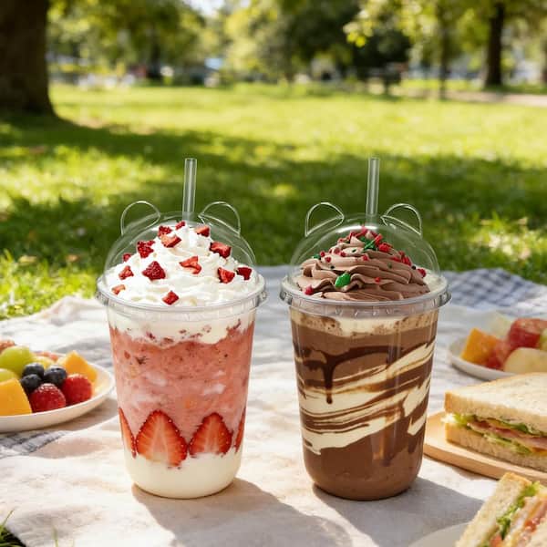 50 Sets 16 oz. Disposable Plastic Cups with Dome Lids & Straws for Milkshakes, Juice, Beverages, Holiday Party, Outdoor