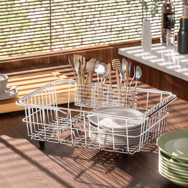 Stainless Steel Utensil Holder for Kitchen, Dish Drying Rack, Knife and Fork Drainage, Kitchen Drainage Basket, Silver