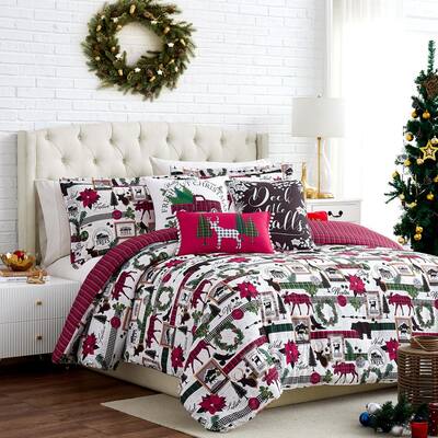 CHRISTMAS CABIN RED WHITE WOODLAND FOREST TOILE DEER TREES 6P CAL KING QUILT SET 