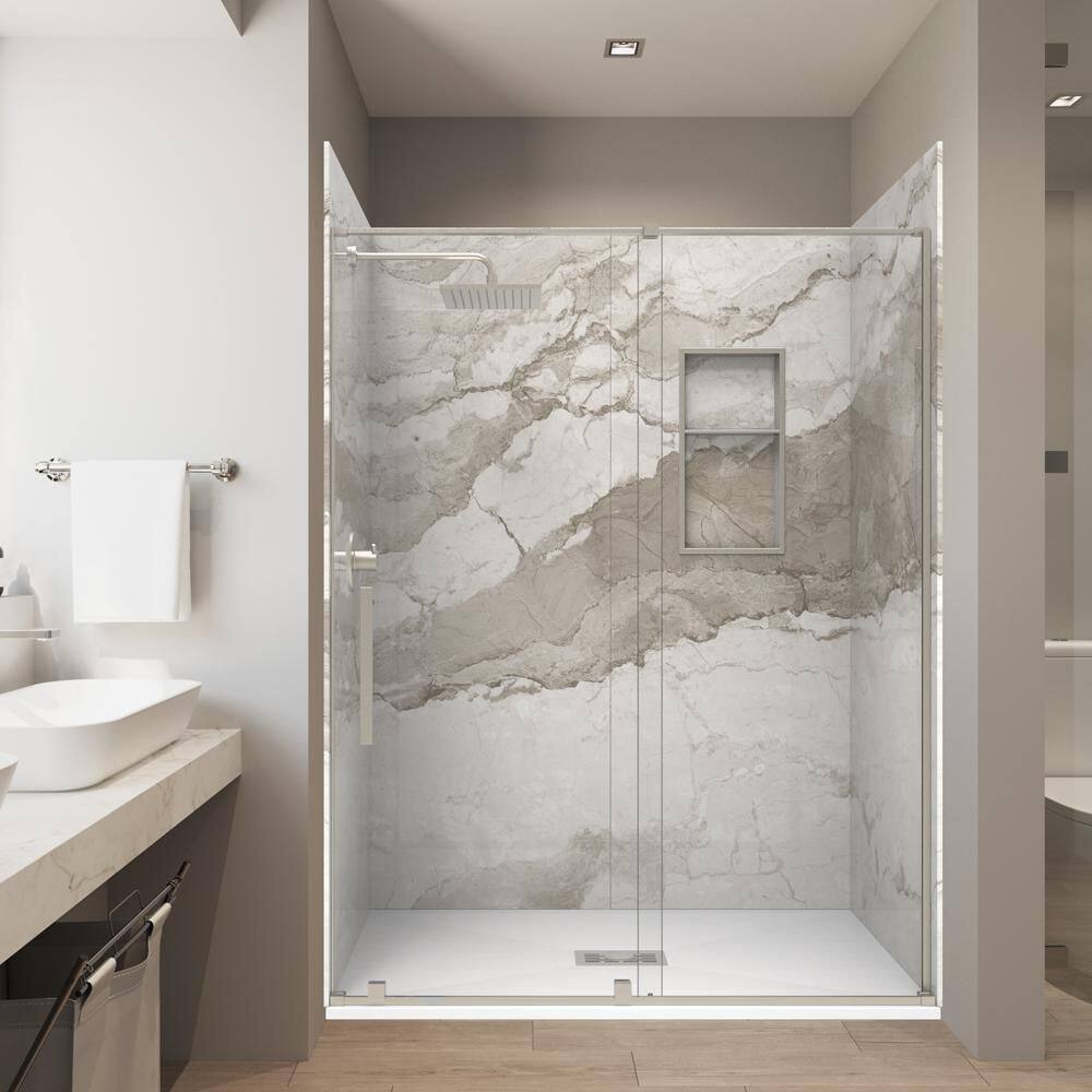 Italian Beige 32in.x60in.x84in Combo Solid Composite Stone Alcove Shower Kit Matching Brushed Nickel Door, Niche & Drain price history on PriceWatchPro