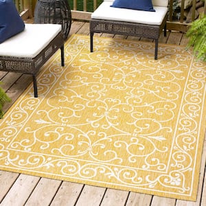 Charleston Vintage Filigree Textured Weave Yellow/Cream 3 ft. x 5 ft. Indoor/Outdoor Area Rug