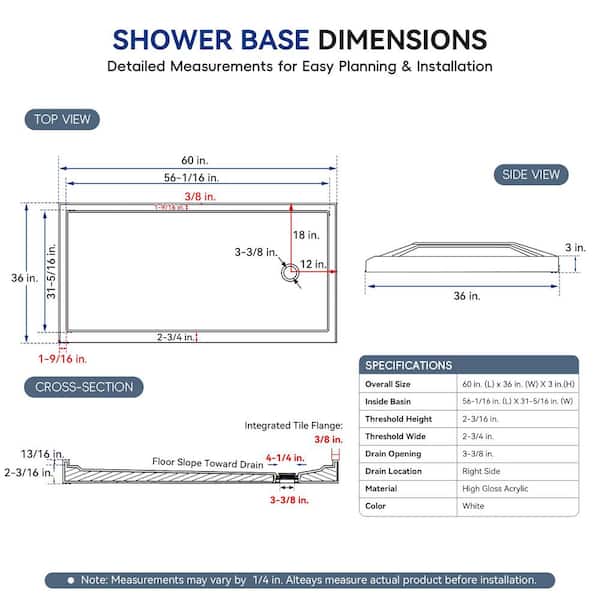 60 in. L x 36 in. W Acrylic Alcove Shower Pan Base with Right Drain, 360° Finished Exterior, Slip-Resistant, White