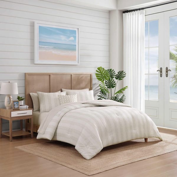 Bahama Weekend Stripe 8-Piece Light Beige Microfiber Queen Comforter Bed in a Bag Set