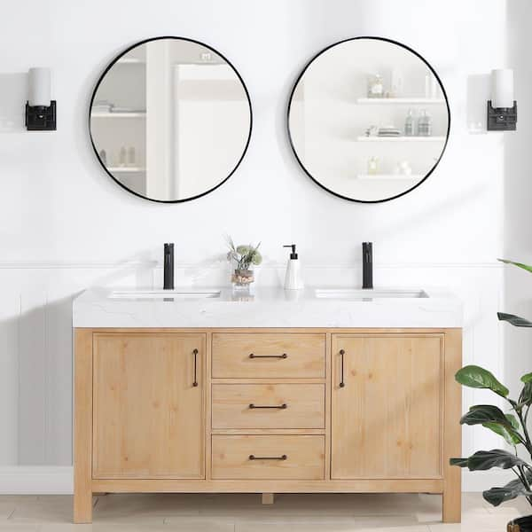 León 60 in.W x 22 in.D x 34 in.H Double Sink Bath Vanity in Fir Wood Brown with White Composite Stone Top