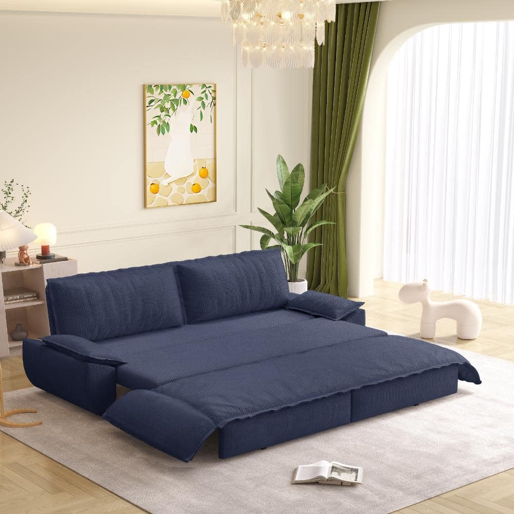 Blue 73.2 in. Queen Corduroy 3-in-1 Convertible Pull Out Sofa Bed