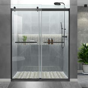 56-60 In. W x 74 In. H Frameless Sliding Glass Shower Door In Black Finish with Towel Bar