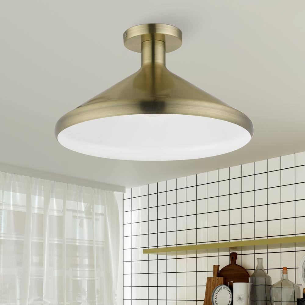 Antique Brass Cone Semi-Flush Mount Light with White Shade