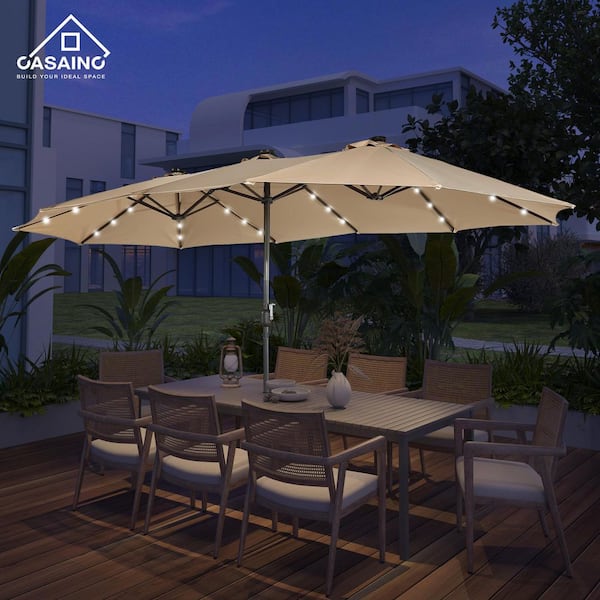 15 ft. Steel Patio Double-Side Market Umbrella with Base and Solar Light with Base in Tan