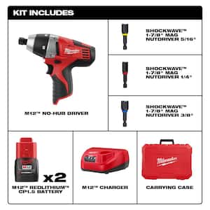 M12 12V Lithium-Ion Cordless 1/4 in. Hex No-Hub Driver Kit W/ (2) 1.5Ah Batteries & Hard Case