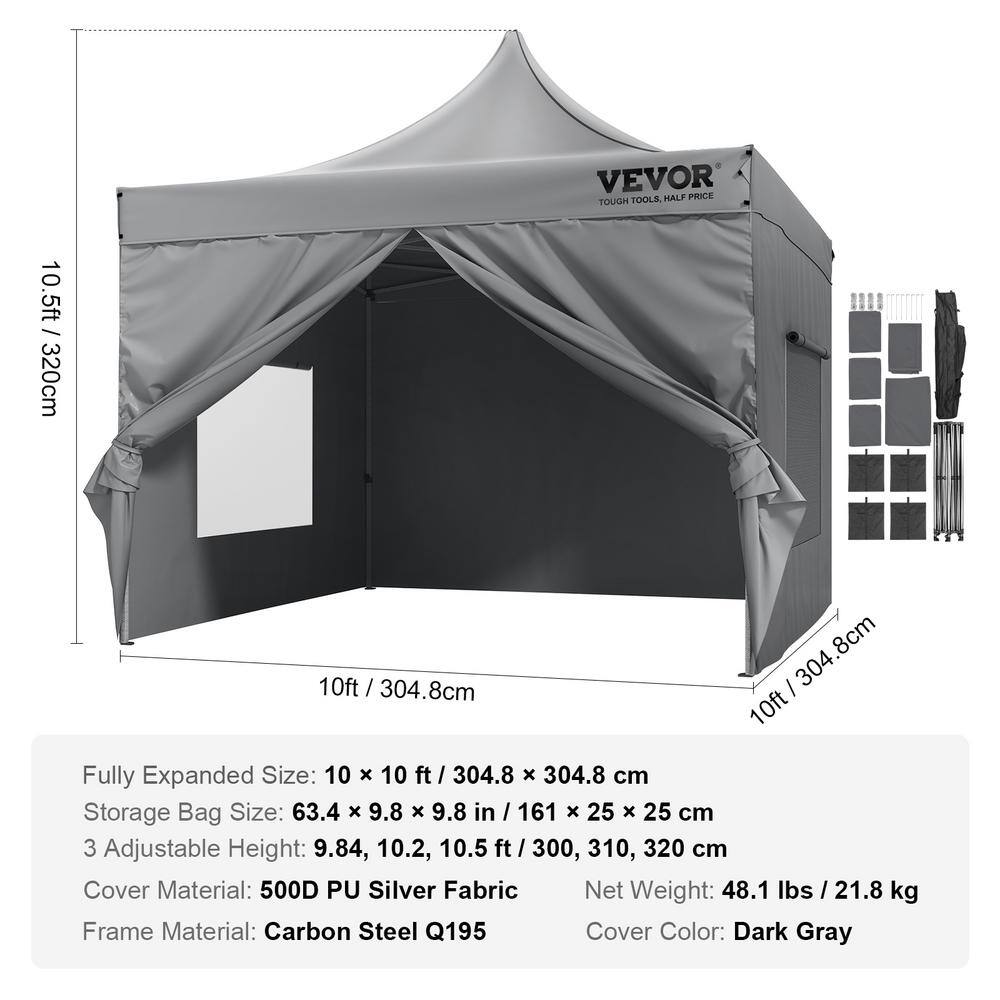 VEVOR 10x10 FT Gray Pop-Up Canopy Tent with Sidewalls