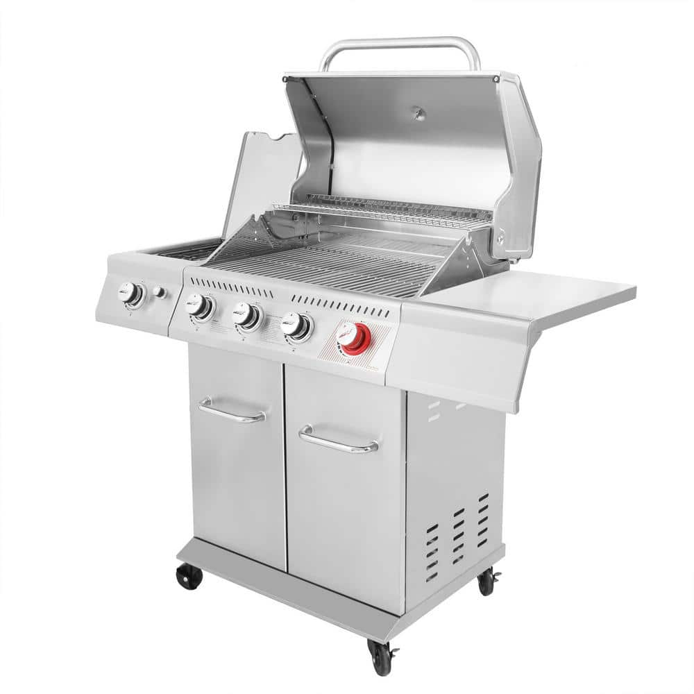 Stainless Steel 4-Burner Propane Gas Grill with Side Burner