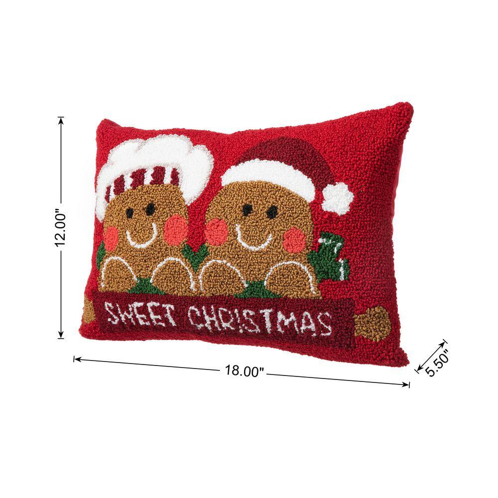 Red Rectangular Hooked Gingerbread Boy and Girl Christmas Pillow