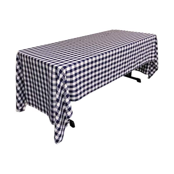 LA Linen "60 in. x 144 in. White and Navy Polyester Gingham Checkered Rectangular Tablecloth"