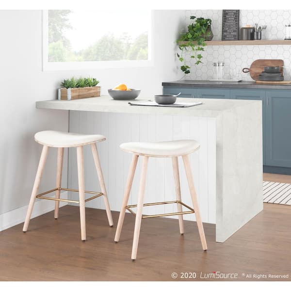 Saddle 25 in. White Washed Counter Stool in Cream Fabric with Gold Metal (Set of 2)