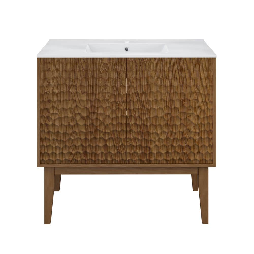 Bosse 36" Brown Oak Freestanding Vanity with White Ceramic Sink