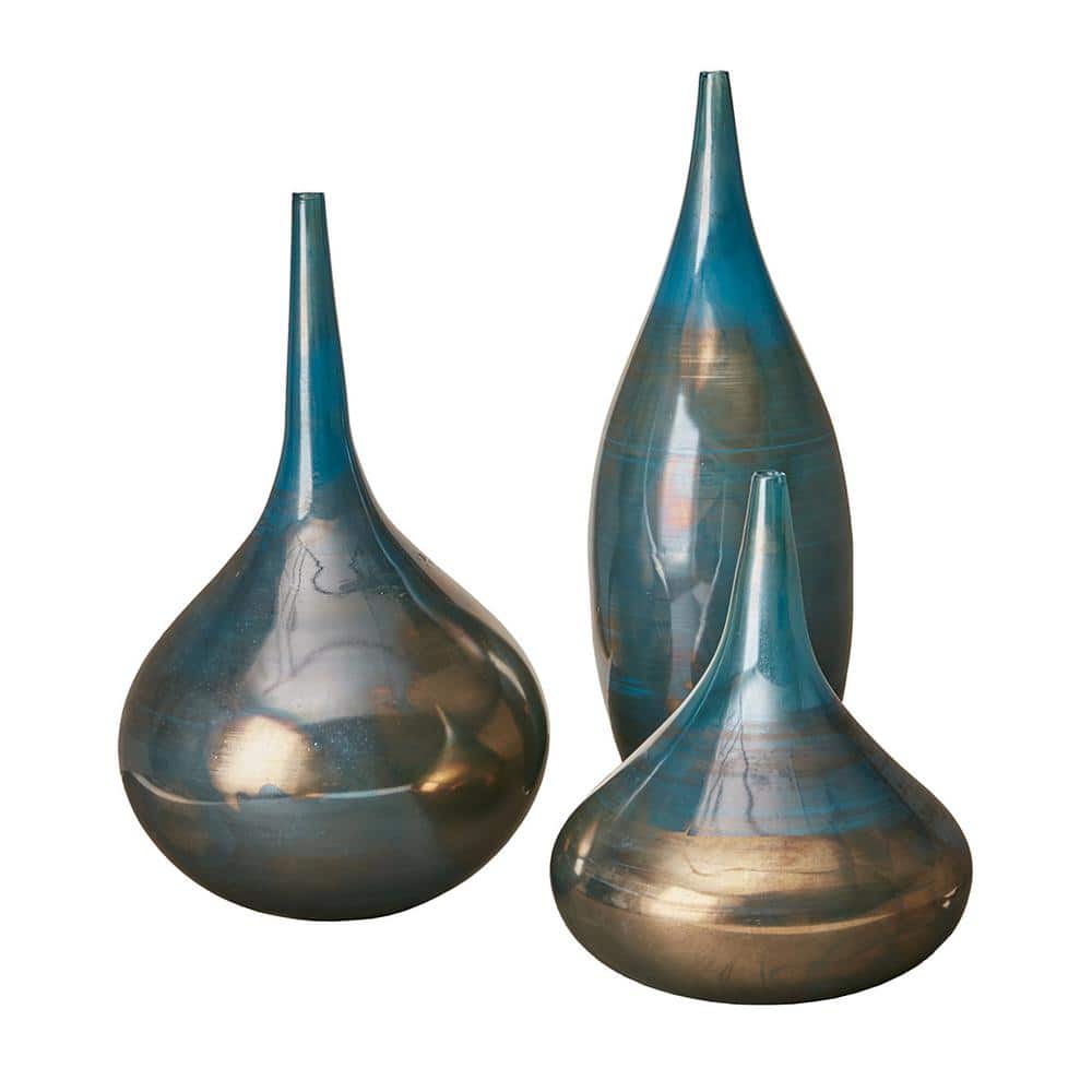 Hot Seller 18.11/15.55/11.42 in. H Aurora Blue and Bronze 3-Piece Glass Vas