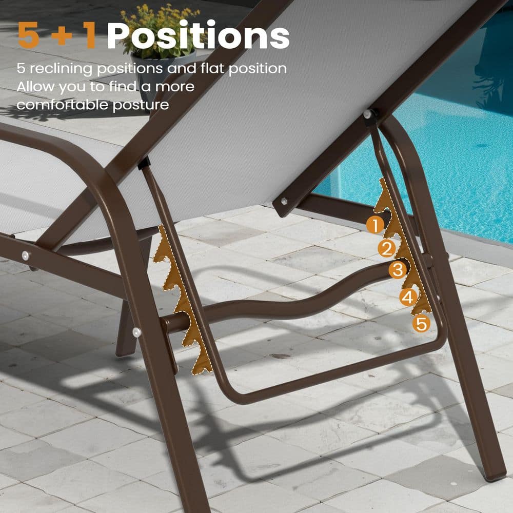 Close-up of the 5-position adjustable reclining mechanism on a brown metal chair frame.