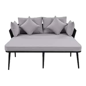 69.3 in. W Black Metal Plastic Outdoor Chaise Lounge with Gray Cushions