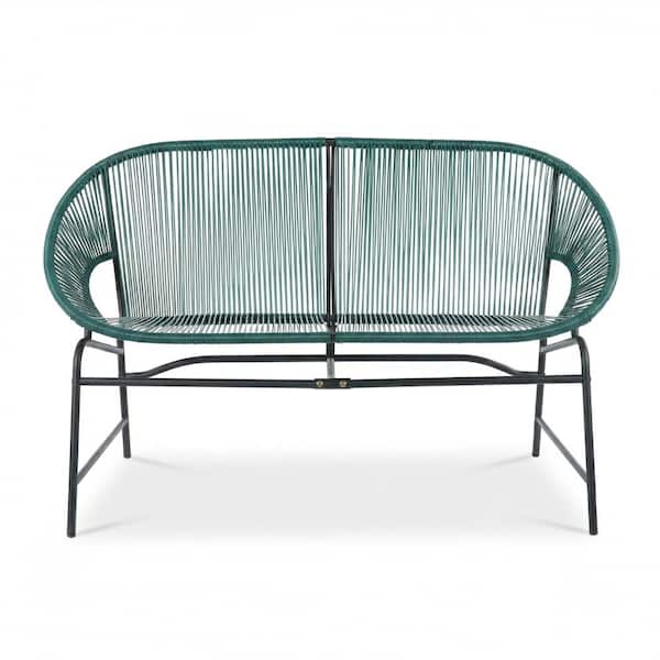 Outdoor Garden Loveseat, 2-Seat PE Rattan Wicker Bench with Iron Frame, Black
