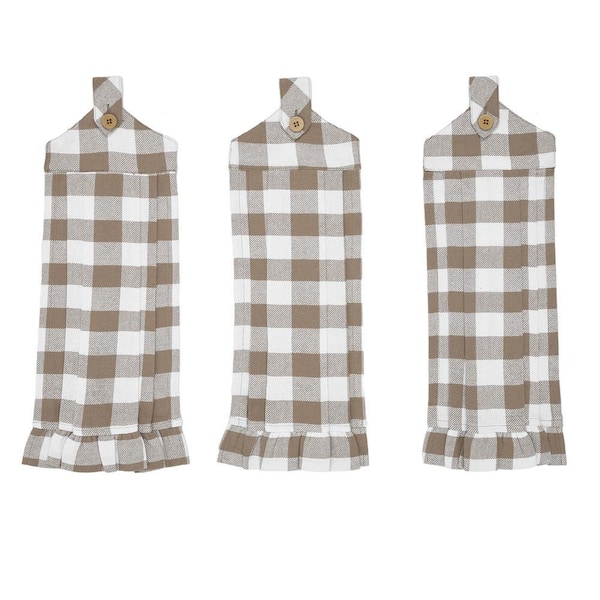 Annie Portabella Buffalo Check Button Loop Cotton Blend Kitchen Tea Towel Set (Set of 3)