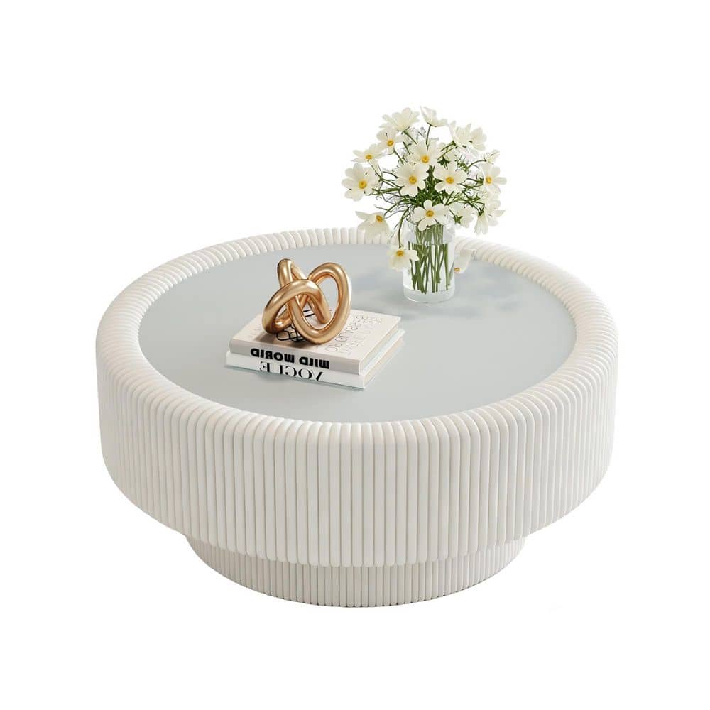 31.5 in. White Round Coffee Table with Sintered Stone Top, Modern Tiered Wood Veneer Base Coffee Table for Living Room
