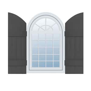 14 in. W x 45 in. H Vinyl Exterior Arch Top Joined Board and Batten Shutters Pair in Tuxedo Grey