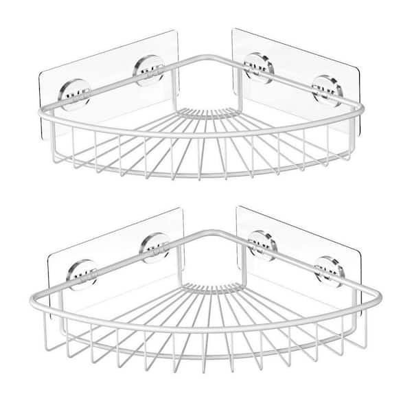 Wall Mounted Bathroom Shower Caddies Self Adhesive Stainless Steel Coner Storage Rack in White 2-Pack