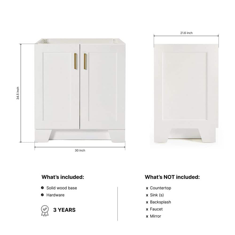 Taylor 30" White Freestanding Vanity Cabinet with Brass Hardware