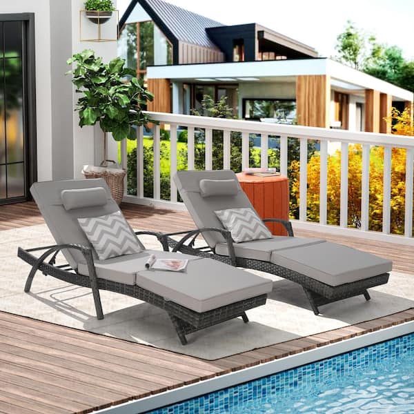 Brown Wicker Outdoor Chaise Lounge with Light Gray Cushions, Armrest and Adjustale Backrest (Set-2)