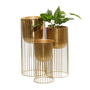 24 in., 20 in., and 16 in. Large Gold Metal Deep Recessed Dome Planter with Elevated Caged Stand (3- Pack)