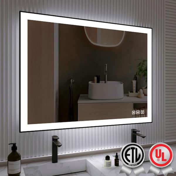 waterpar 55 in. W x 30 in. H Rectangular Framed Anti-Fog LED Wall Bathroom Vanity Mirror in Black with Backlit and Front Light