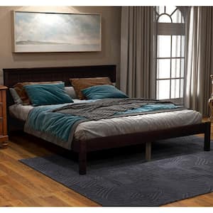 Brown Wood Frame Full Size Platform Bed Frame with Headboard, Wood Slat Support, No Box Spring Needed