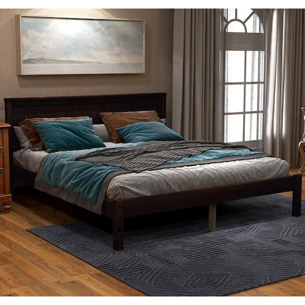 Polibi Brown Wood Frame Full Size Platform Bed Frame with Headboard, Wood Slat Support, No Box Spring Needed