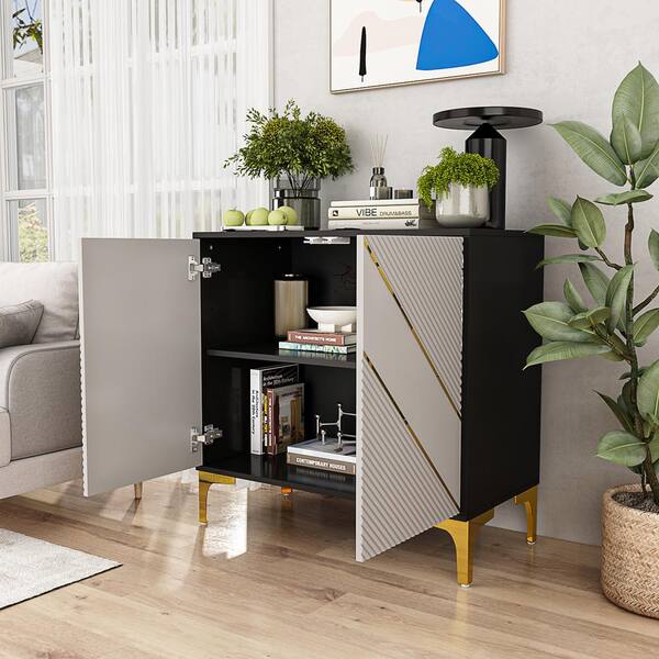 FUFU&GAGA Gray and Black Wooden Accent Storage Cabinet, Sideboard