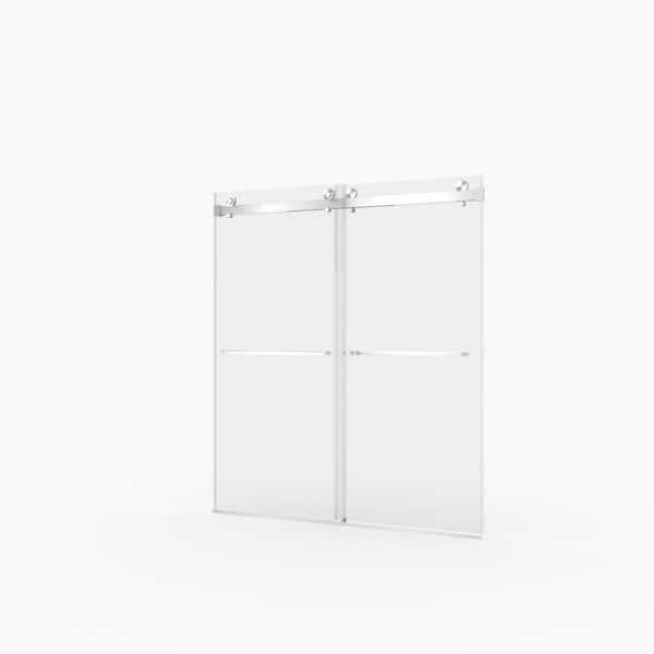 56 in. - 60 in. W x 70 in. H Double Sliding Frameless Shower Door in Brushed Nickel Finish with Clear Glass