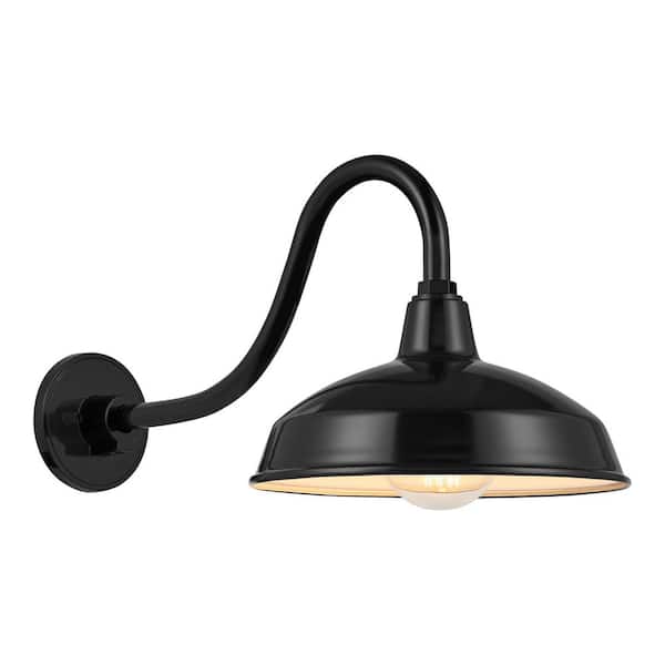 Hampton Bay Easton 11 in. 1-Light Glossy Black Barn Outdoor Wall Light Lantern Sconce with Steel Shade