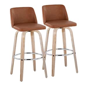 Toriano 29.5 in. Camel Faux Leather, White Washed Wood and Chrome Metal Fixed-Height Bar Stool (Set of 2)