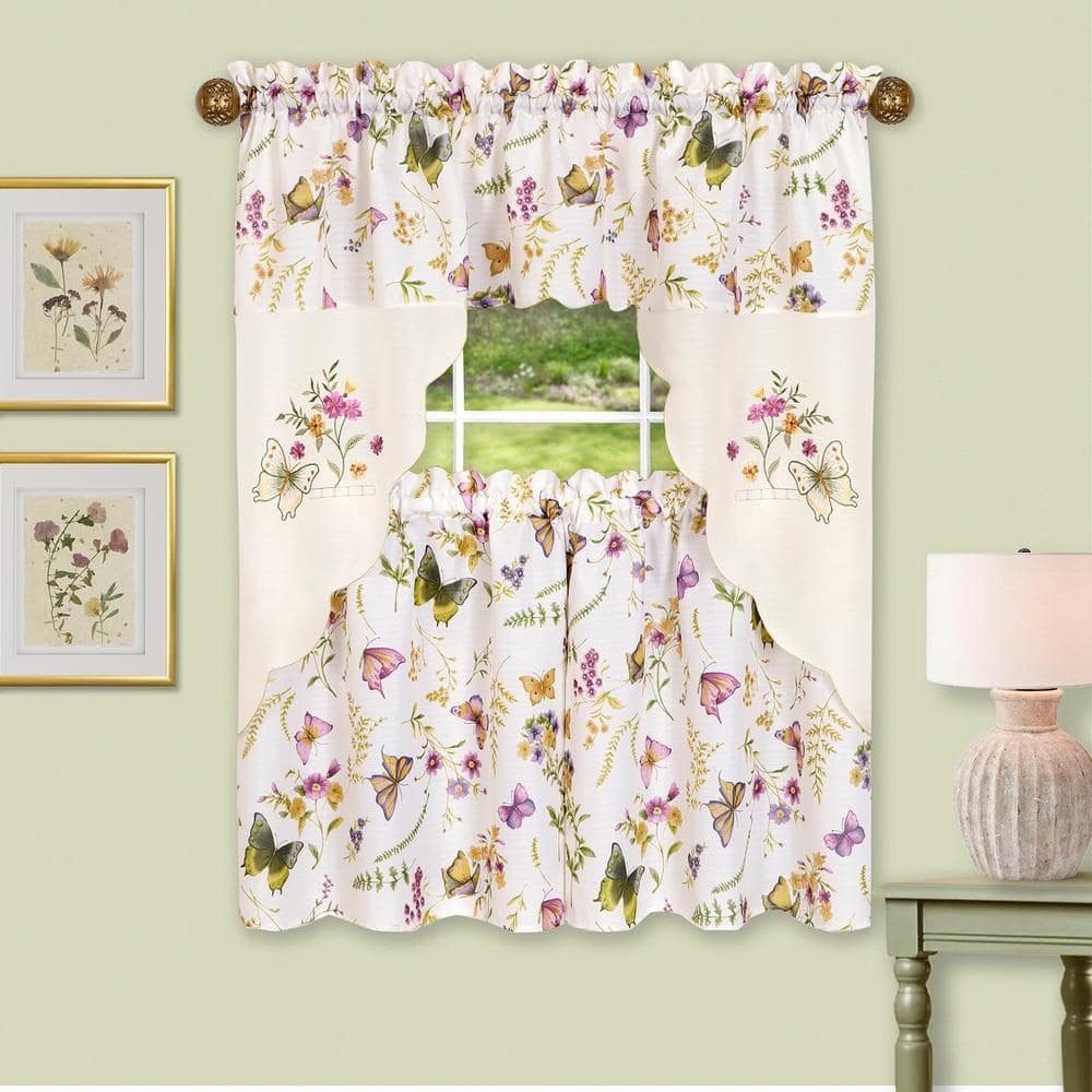 White Polyester Embroidered Light-Filtering Kitchen Tier Curtains