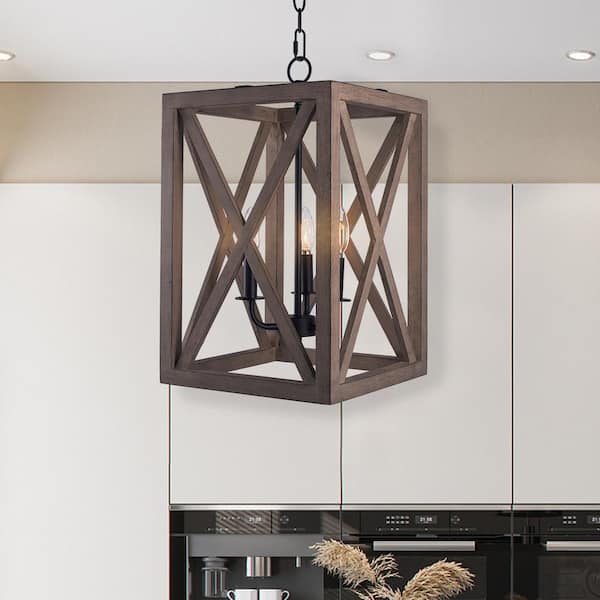 60-Watt 3-Lights Matte Black and Anchor Grey Oak Finished Cage Design Pendant Light Without Shade and Bulbs
