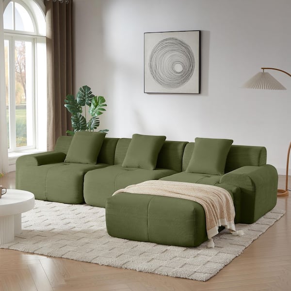 Bonnie 113 in. 4-Piece Corduroy Modular Compressed Sectional Sofa in. Green with Ottoman and Pillows