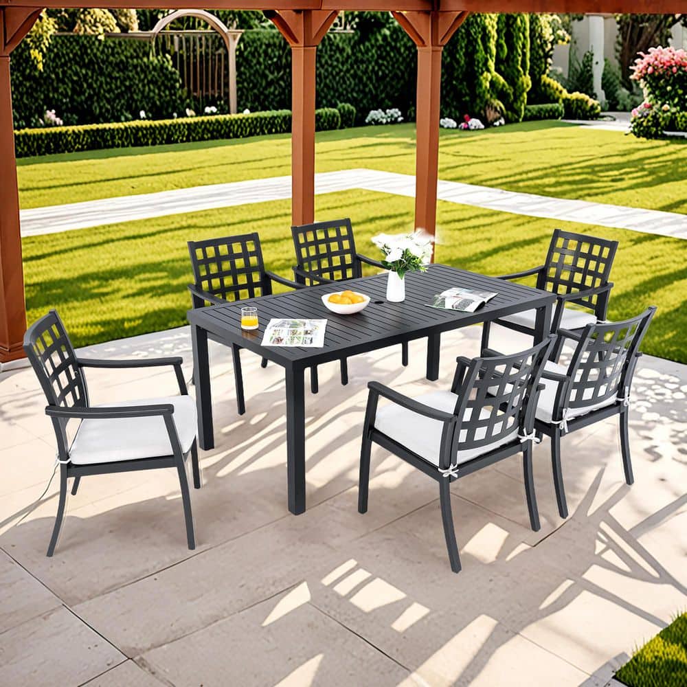 7-Piece Aluminum Outdoor Dining Set with a Rectangular Table and Six Dining Chairs, Sunbrella White Cushions, Black