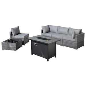 Messi Gray 6-Piece Wicker Outdoor Patio Conversation Sectional Sofa Set with a Metal Fire Pit and Dark Gray Cushions