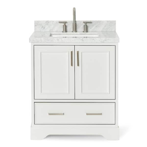 Stafford 30 in. W x 22 in. D x 36 in. H Single Sink Freestanding Bath Vanity in White with Carrara White Marble Top