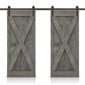 72 in. x 84 in. X Series Weather Gray Stained Solid Knotty Pine Wood Interior Double Sliding Barn Door with Hardware Kit